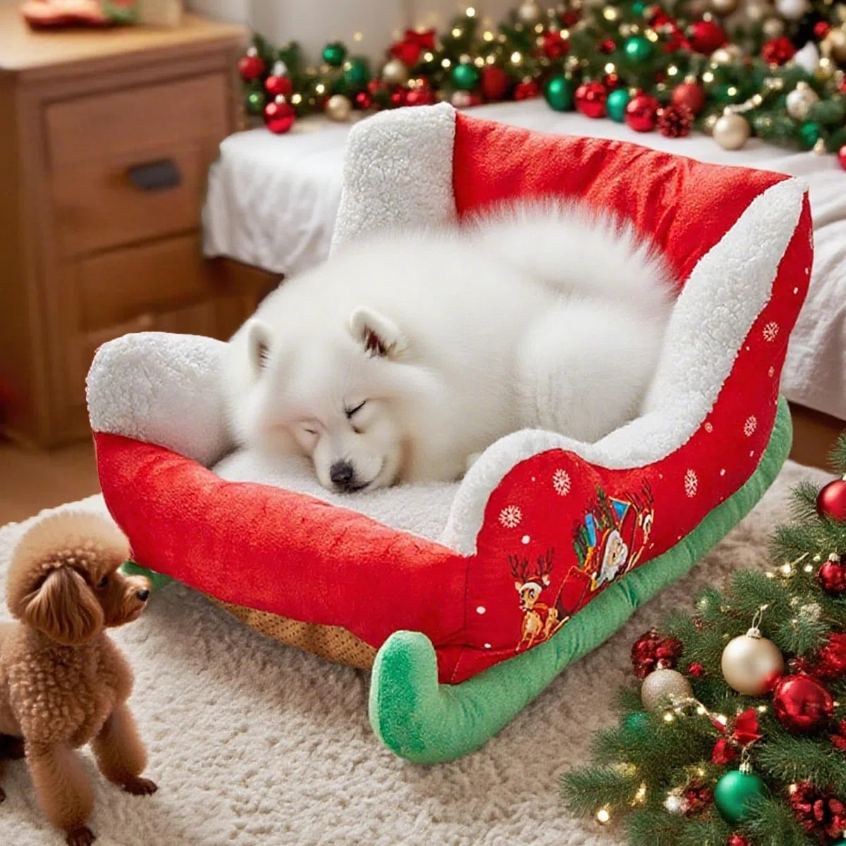 Genérico Cama Navideña con Forma De Trineo para Perro, 68 X 38 X 28 Cm, Cama Navideña De Peluche para Perro, Navideño De Papá Noel para Gato, Gatito, Cachorro Que Duerme Tranquilo En Invierno