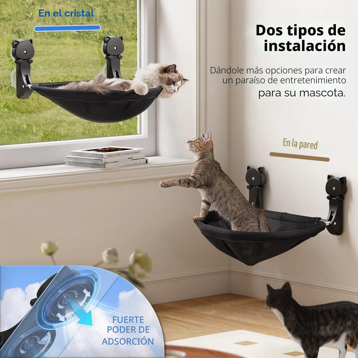 JUNSPOW Percha para Ventana de Gato inalámbrica, Plegable y Estable, Hamaca Transpirable con Ventana para Gatos para Pasar el Sol, Escalar, soporta hasta 40 Libras
