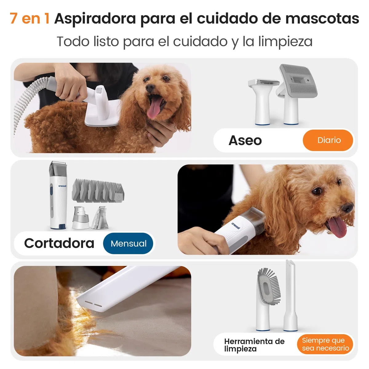 oneisall Cortapelos Perros con aspiradora de pelo, Aspira el 99% del pelo de las mascotas, máquina de corte silenciosa para perros y gatos y otras 7 herramientas de aseo (azul)