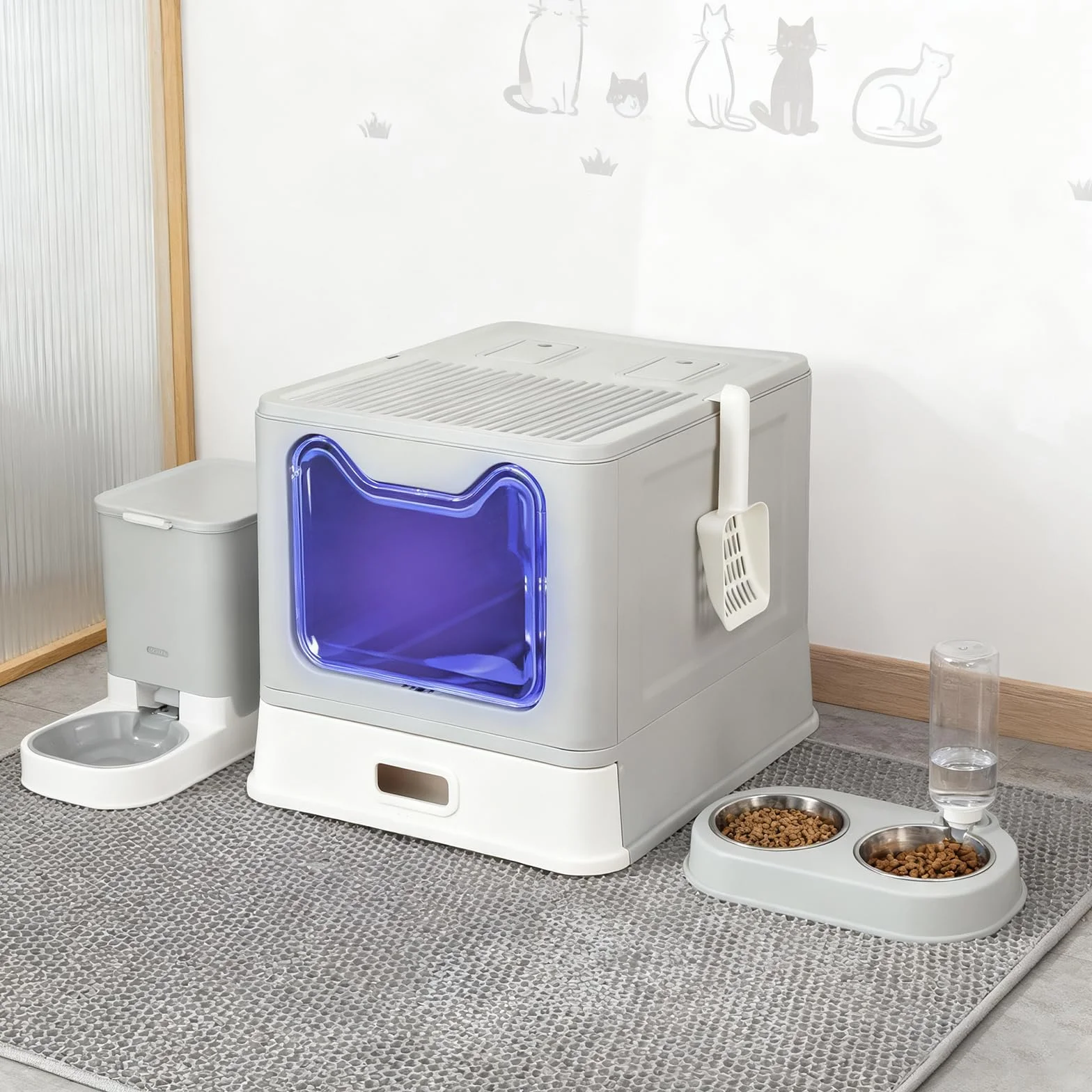 Caja de Arena Plegable para Gatos de Acero Inoxidable, Pala, Casa de Baño Fácil de Limpiar, Resistente a Olores, Adecuada para Gatos Grandes, 41 x 51 x 38 cm, Acero Inoxidable (Gris) (B)