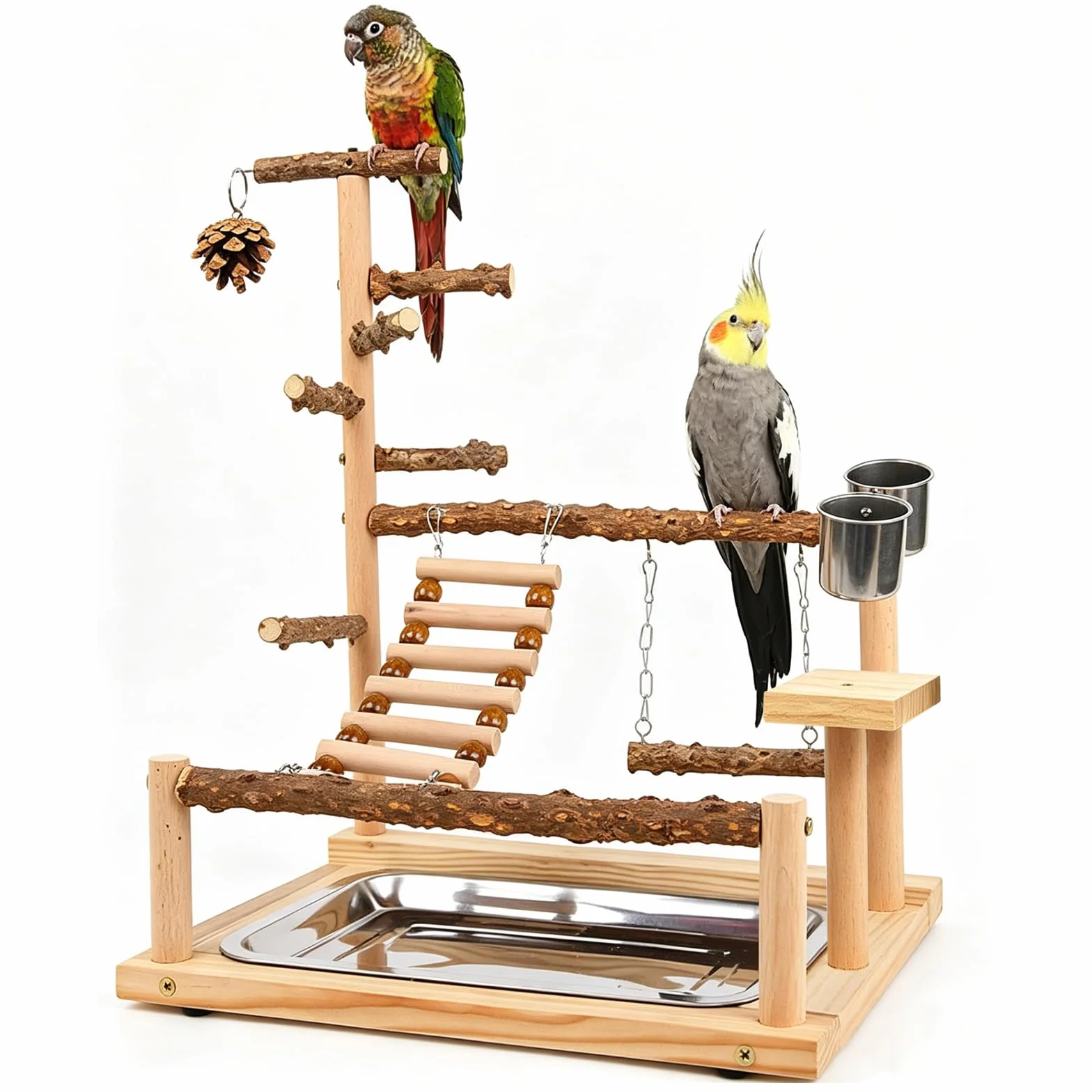Parque de Juegos para Pájaros Gimnasio para Aves Stand Área de Juego con Soporte Perchas Taza de Alimentación Columpio Escalera Bandeja para Agapornis, Loros, Madera, Tamaño 45x37x26 CM #A