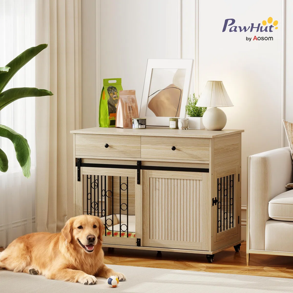 PawHut Jaula para Perros con Ruedas, Mesa Auxiliar, Casa para Mascotas Moderna con 2 Cajones, 2 Puertas y Cierre, para Perros Medianos y Grandes, 100x56x81 cm, Roble