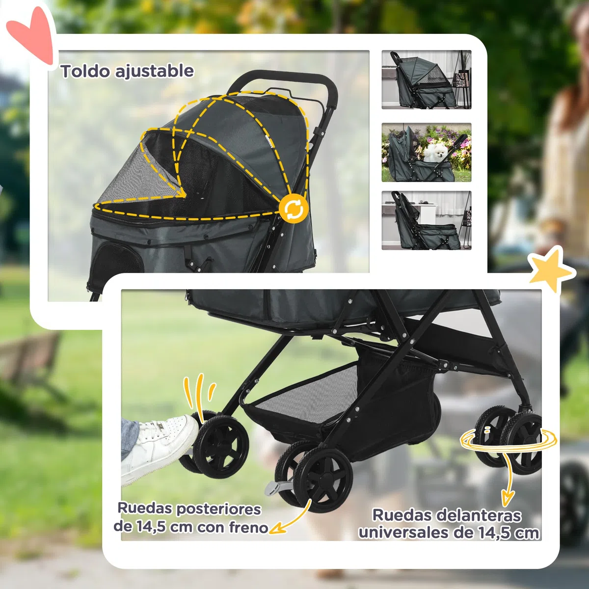 PawHut Carrito para Perros Plegable Cochecito para Perros Pequeños Cochecito para Mascotas con Mango Reversible Ventana de Malla Cesta y Cuerda de Seguridad Carga 10 kg 76,5x52x95 cm Gris
