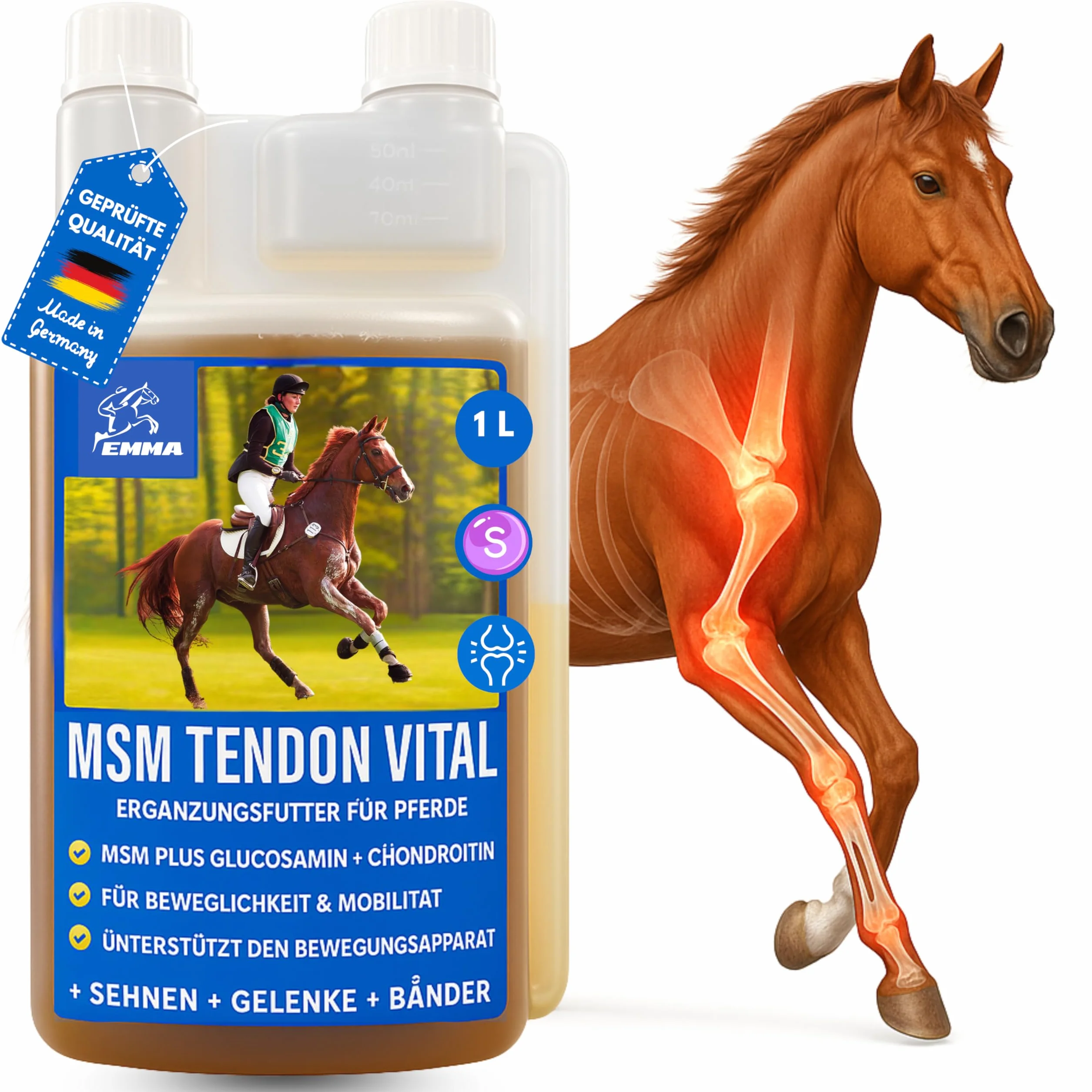 MSM para Caballos 1L Sistema Musculoesquelético Caballo Líquido en Vez de MSM Polvo I Articulaciones Tendones Ligamentos MSM con Glucosamina Condroitina Complejo Colágeno Altamente Dosificado Senior