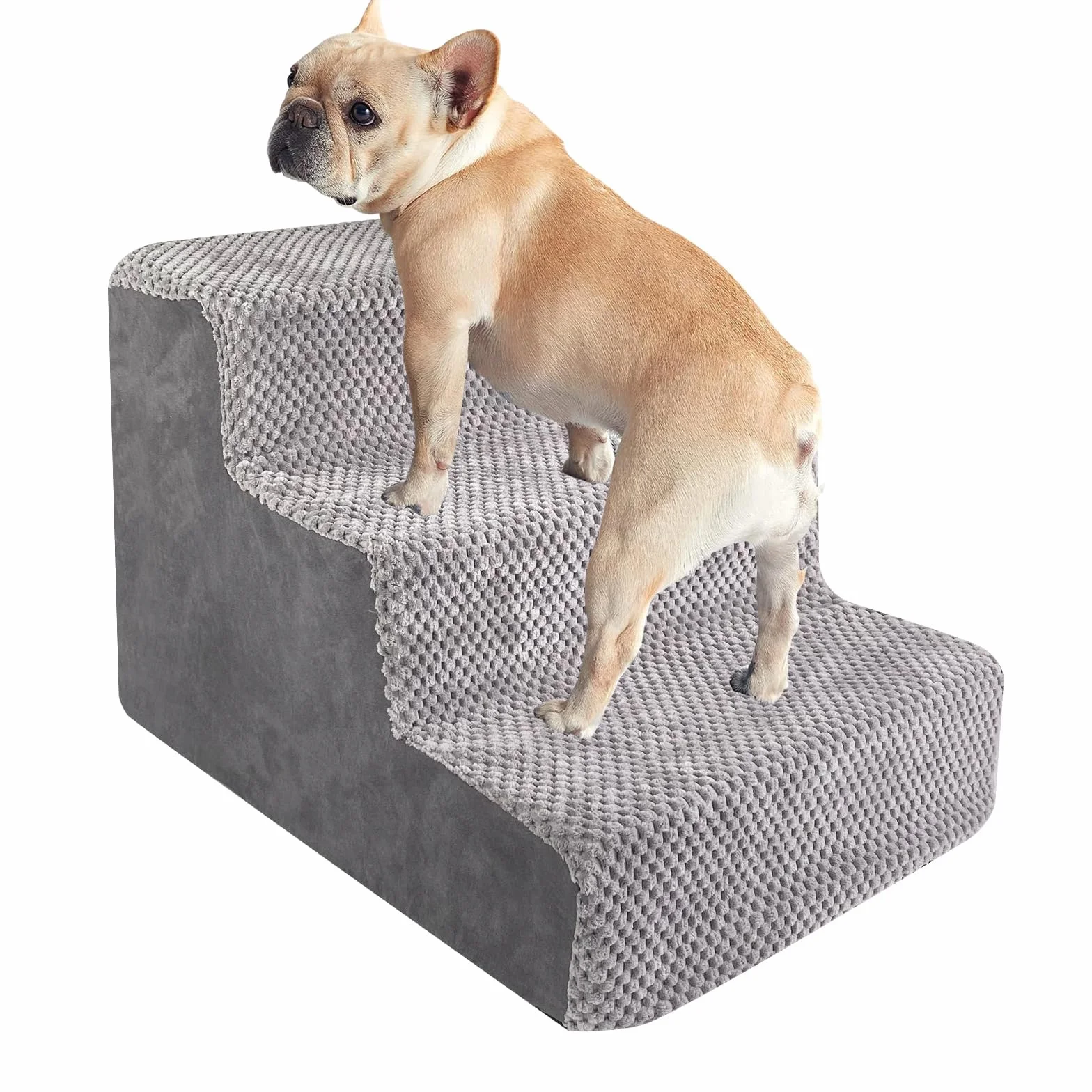 Rampa para Perros, Escalera para Mascotas de Espuma de Alta Densidad, Escaleras de 3 Peldaños con Funda Extraíble y Lavable, Escalones para Gatos Viejos y Perros para Cama, Sofá, Gris