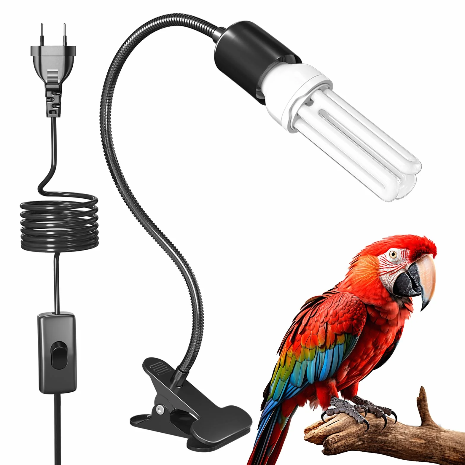 GlowUp UVB 2.4 Lámpara para Pájaros Juego Completo, Lámpara de Clip con Lámparas Fluorescente Compacta UVB 2.4 para Iluminación de Pájaros