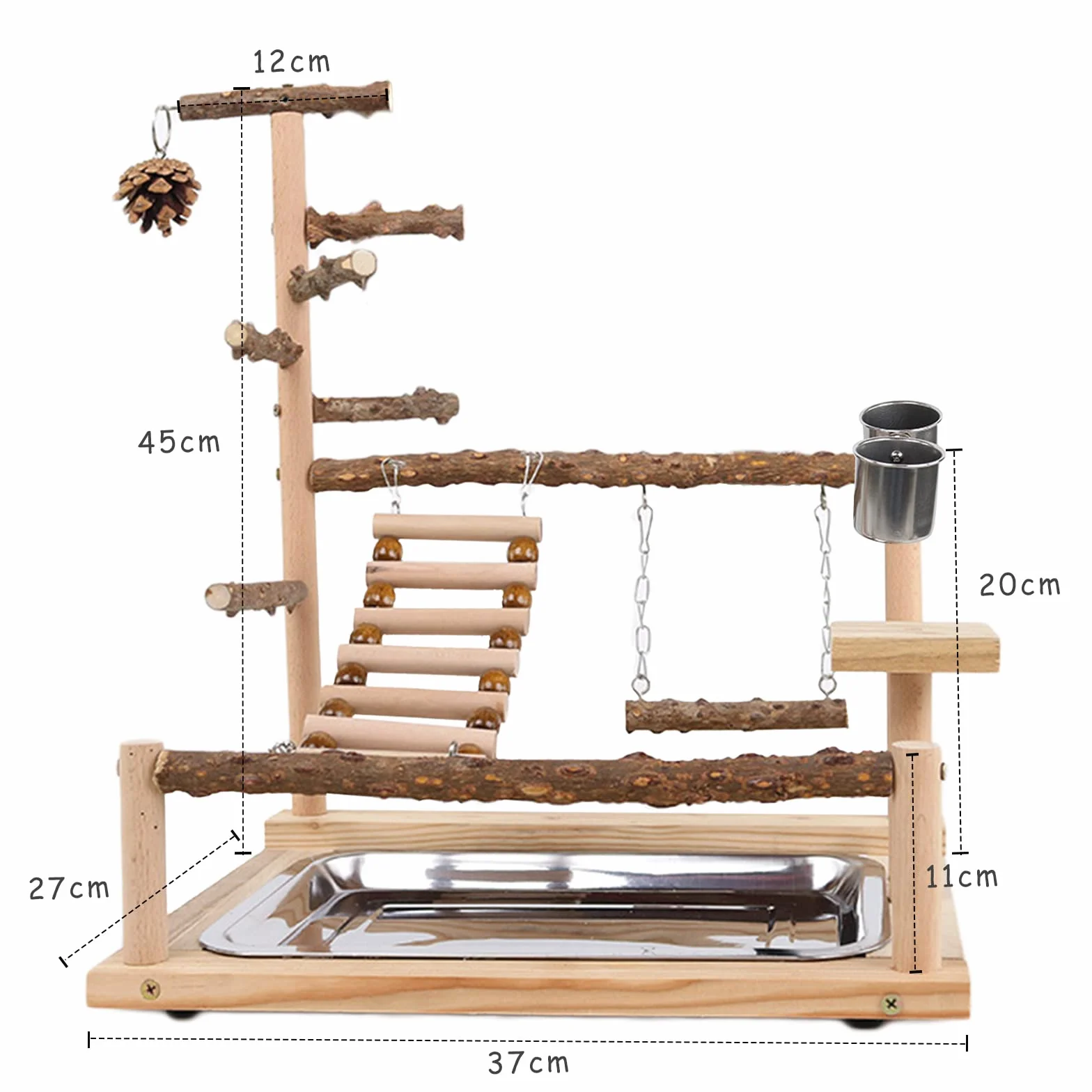 Parque de Juegos para Pájaros Gimnasio para Aves Stand Área de Juego con Soporte Perchas Taza de Alimentación Columpio Escalera Bandeja para Agapornis, Loros, Madera, Tamaño 45x37x26 CM #A