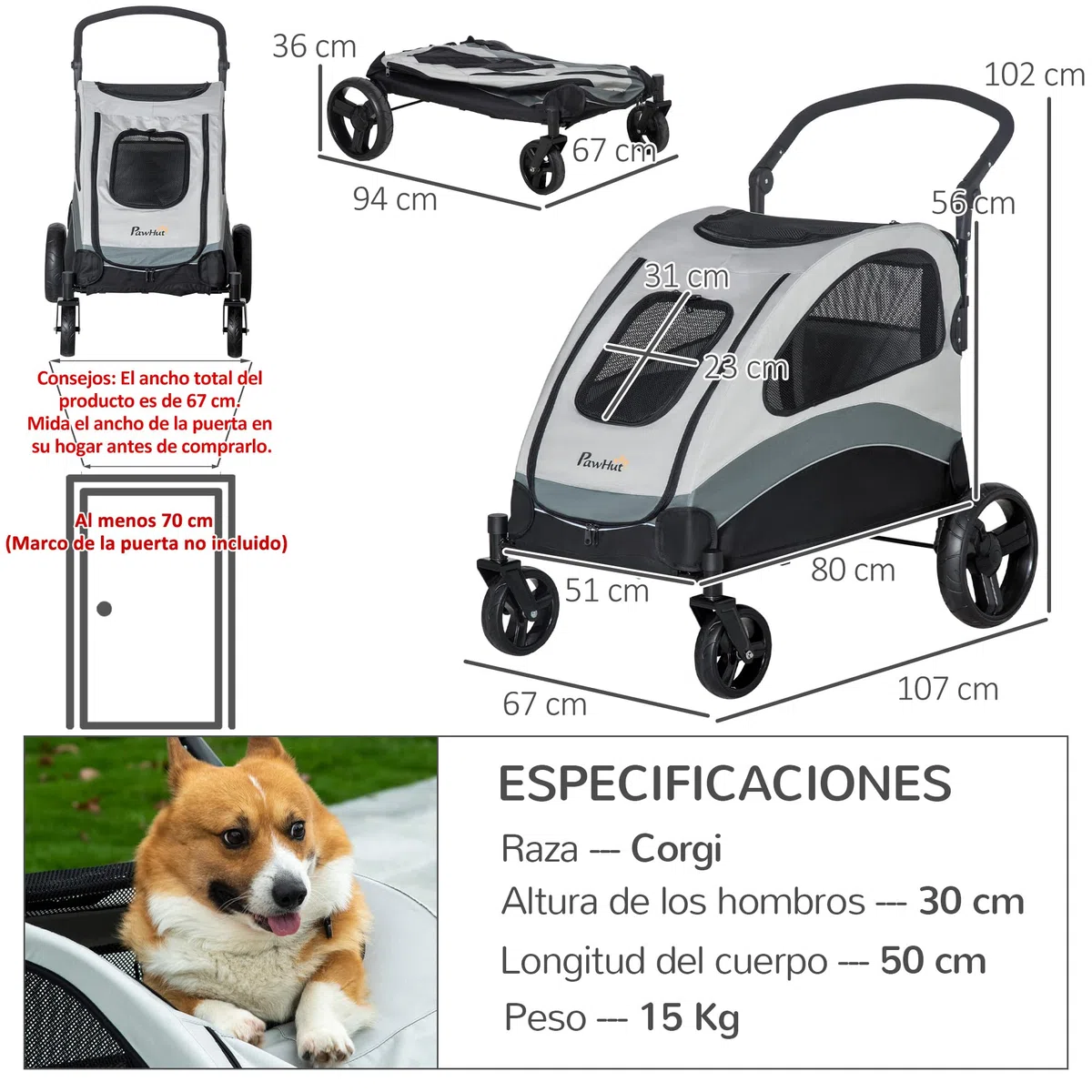 PawHut Cochecito para Perros Plegable Carrito para Mascotas Carrito para Perros con Ventanas Bolsillo de Almacenaje Correas de Seguridad y 2 Ruedas Universales Carga 330 kg 107x67x102 cm Gris