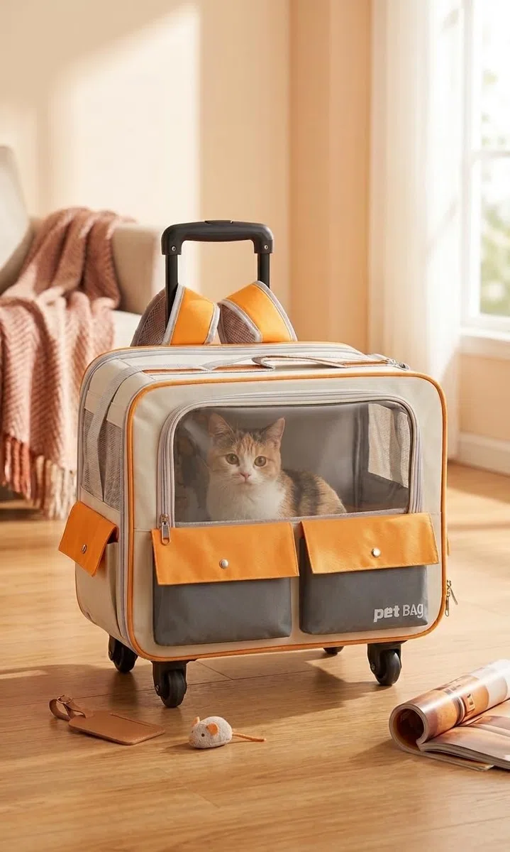KUNA Transportín con Ruedas para Mascotas, Gris y Naranja, 42x27x30 cm, con Asa Telescópica y Mochila