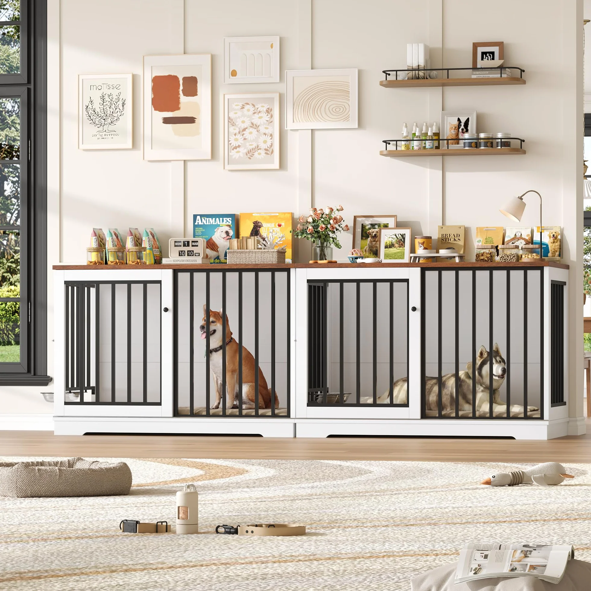 FirFurd 120cm Jaula para Perros,Mesa Auxiliar con Puerta corredera, Jaula Perro Grande para Casa de Madera,para Animales Acero para Perros Medianos y Grandes 120 x 90 x 60 cm (Blanco+Marrón)