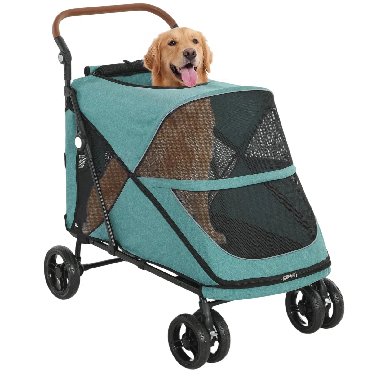 PawHut Carrito para Perros y Gatos Grande Plegable con un Botón hasta 30 kg, Cochecito para Perros Medianos y Grandes, Suspensión 4 Ruedas, Giratorio, Freno de Pie, Cojín Lavable, Turquesa