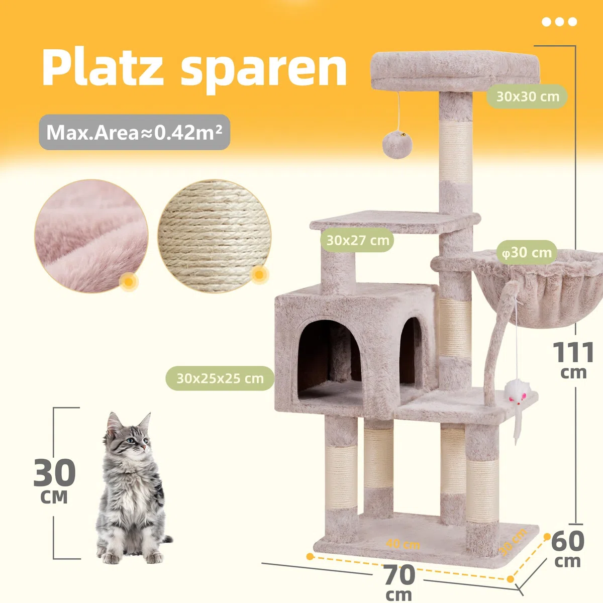Hey-brother Árbol rascador para gatos de 111 cm con juguete, rascador con plataforma, hamaca y troncos de sisal, marrón beige EMPJ004SMU-N