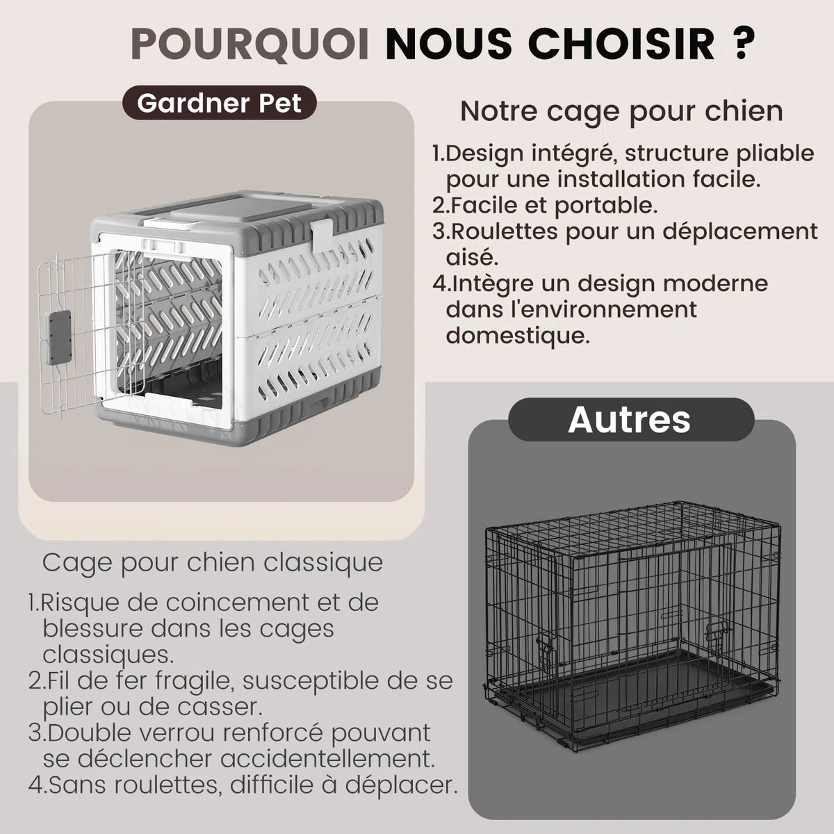 Gardner Pet Jaula para Perros Plegable,Transportin Perro Grande, Adecuado para Perros Grandes Y Gatos De 92.5x58x65.5cm, Se Pliega Sin Herramientas, Equipado con 2 Ruedas, para Interior Exterior,Gris