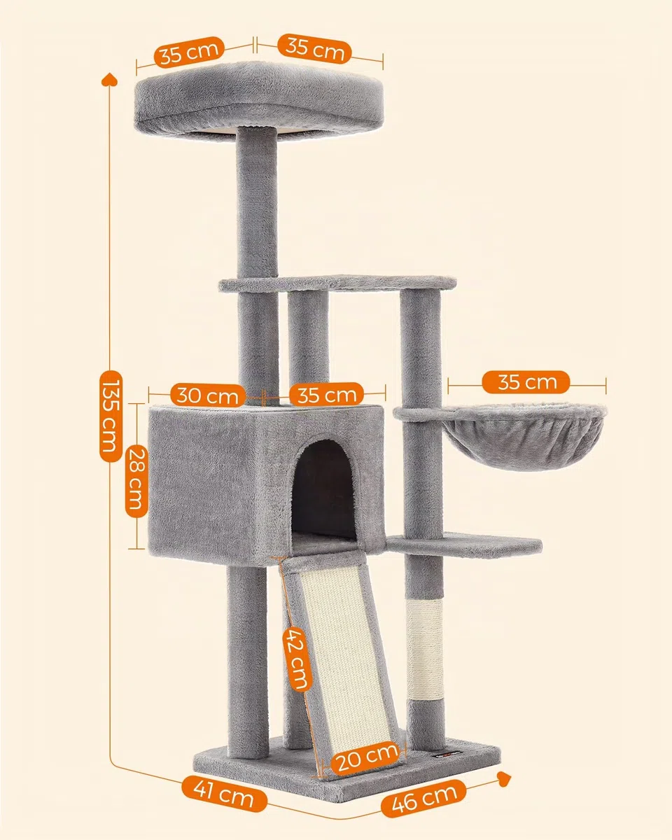 FEANDREA Árbol para Gatos Pequeños, 135 cm, Condominio para Gatos de Felpa de Varios Niveles, con Cubierta de Plataforma Extraíble y Lavable, Rascador, Cesta, Cueva, Gris Claro