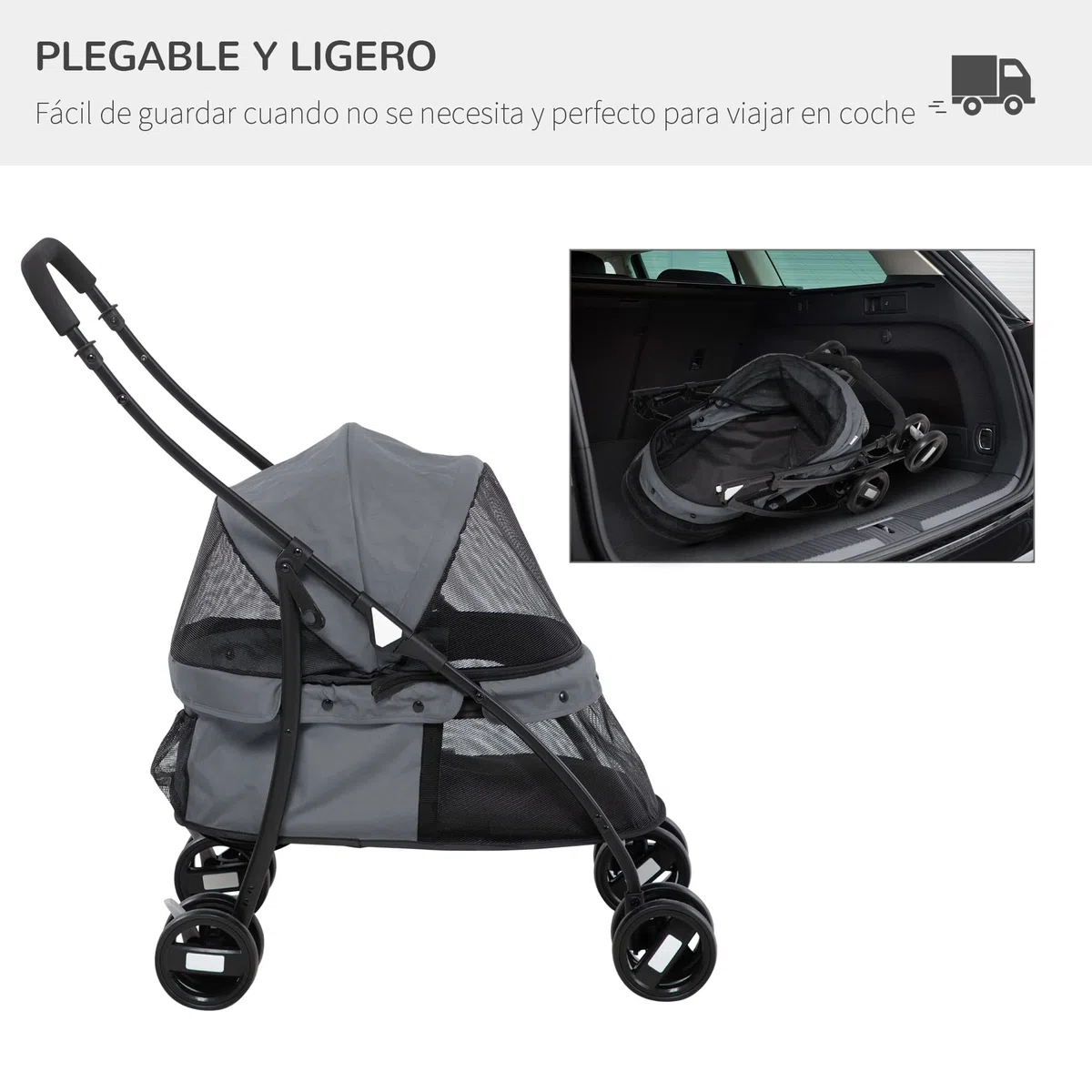 PawHut Carrito para Perros Plegable Cochecito para Mascotas Cochecito para Perros Pequeños con Ventanas de Malla Cojín Lavable Correas de Seguridad y Marco de Acero Carga 10 kg Gris