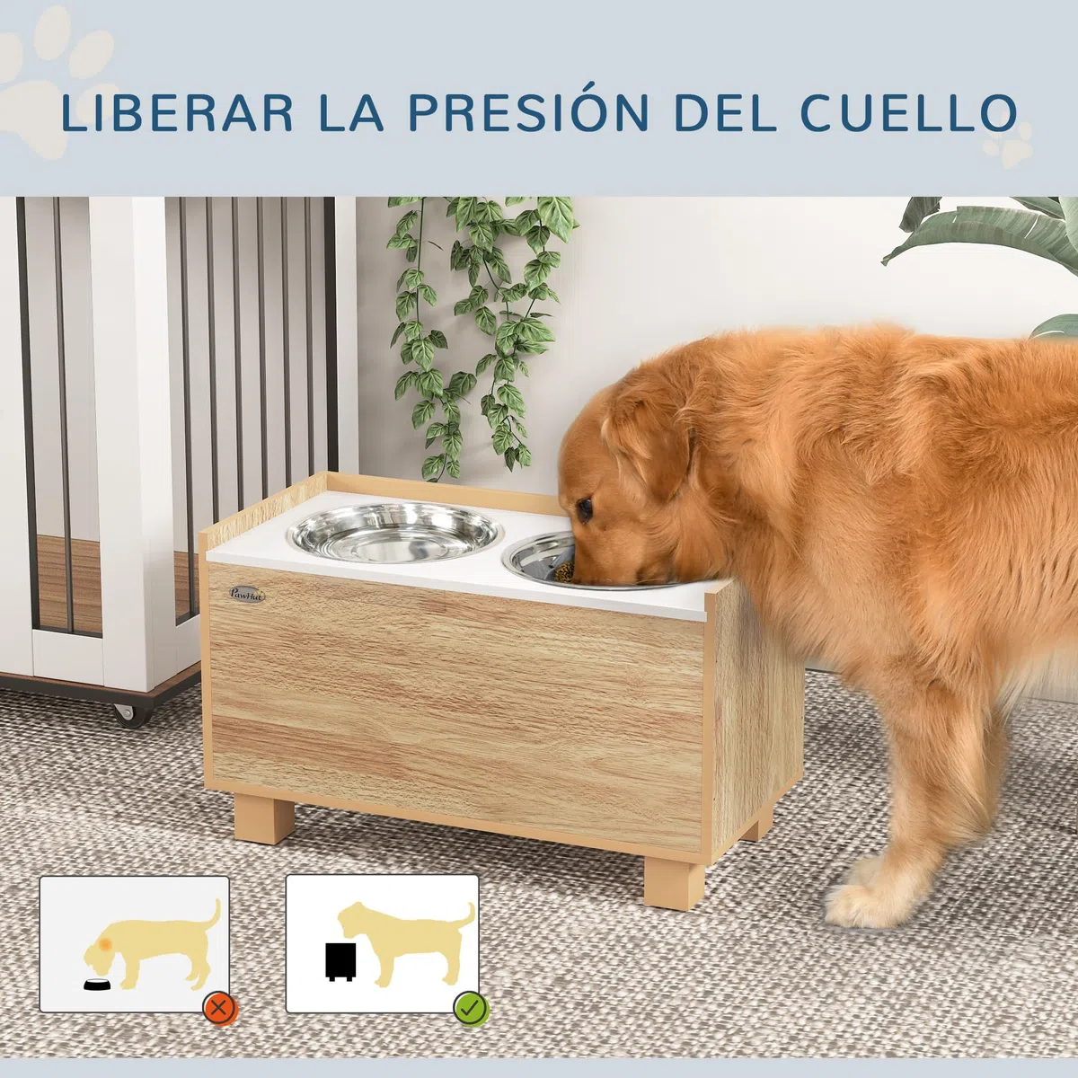 PawHut Comedero Perro Elevado con Alimentador Lento Extraíble y Espacio de Almacenaje Cuencos para Perros con 2x2 L Comedero y Bebedero de Acero Inoxidable para Perros Grandes Roble