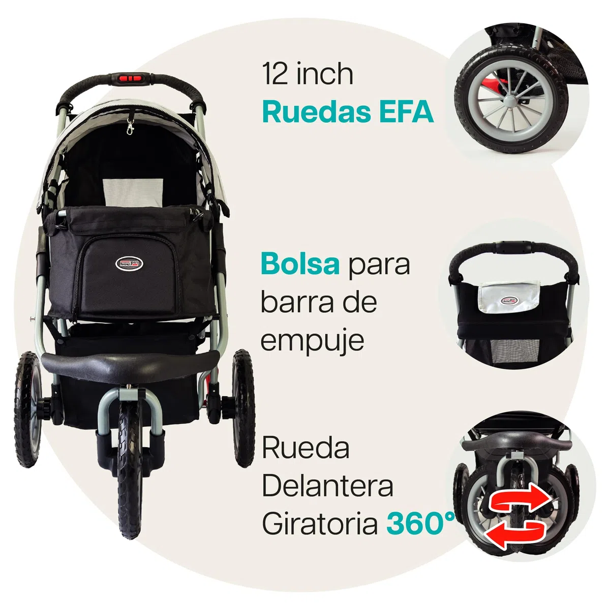 Innopet Carrito para perros Comfort EFA Eco negro/plata - Cochecito plegable para perros y gatos, ruedas EVA antipinchazos, hasta 25kg, 2 correas y cesta inferior