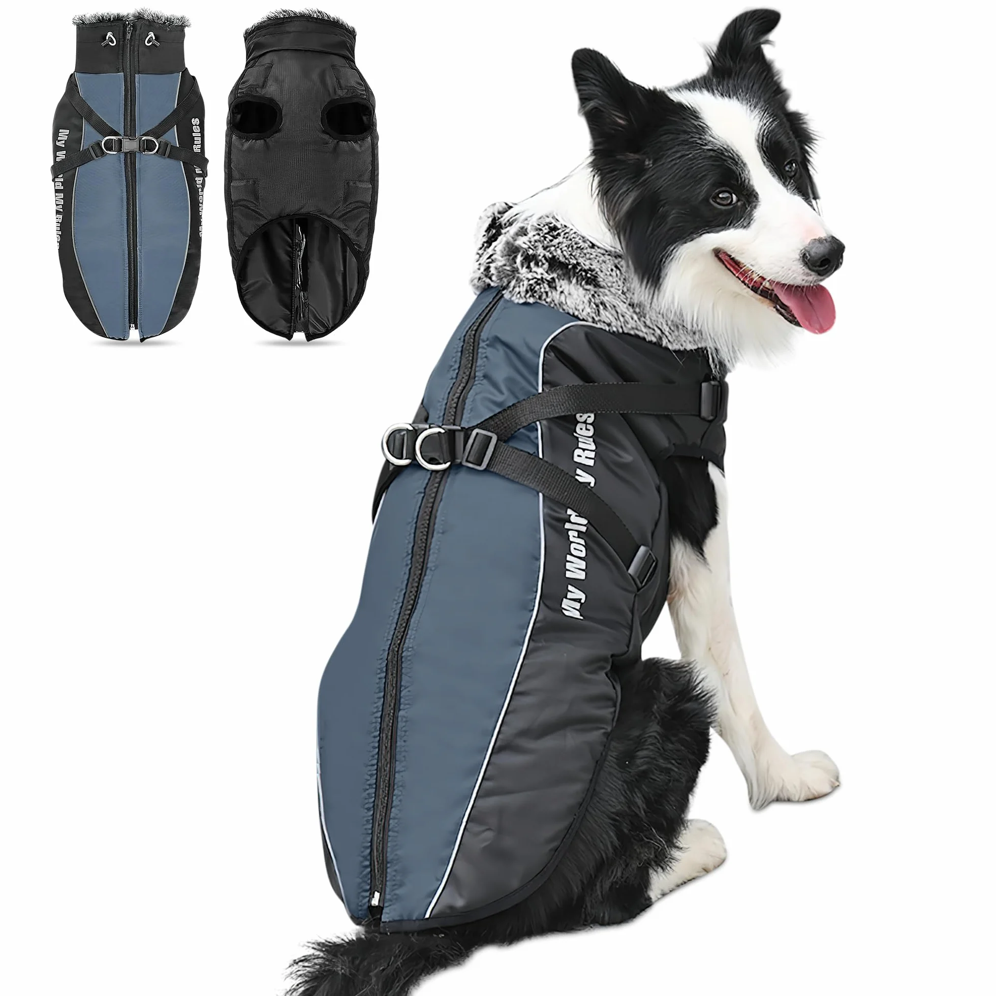ALLSOPETS Abrigo para Perro Impermeable con Arnés Integrado y Bandas Reflectantes, Chaqueta de Invierno Cálida para Perros Medianos y Grandes (Gris Pizarra, 5XL)