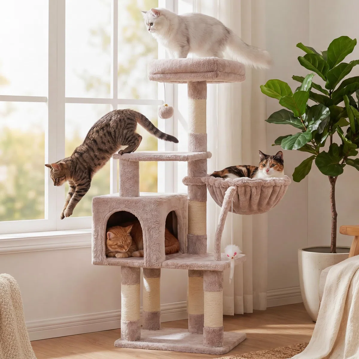 Hey-brother Árbol rascador para gatos de 111 cm con juguete, rascador con plataforma, hamaca y troncos de sisal, marrón beige EMPJ004SMU-N