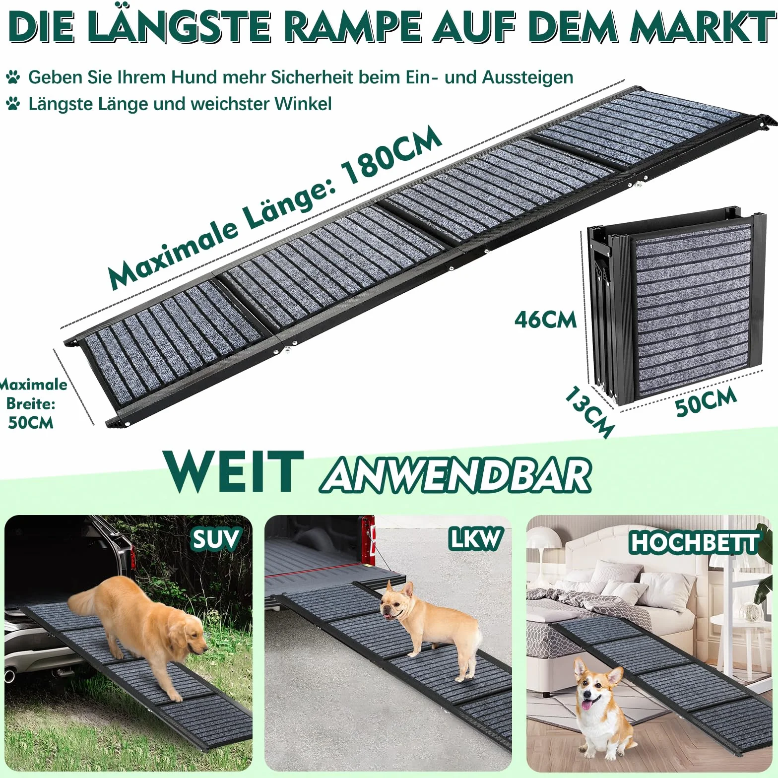 Rampa para perros más larga de 180 cm y más ancha de 50 cm, rampa plegable para autos con alfombra antideslizante, plegable para escalones al aire libre, escalera para perros para autos para perros