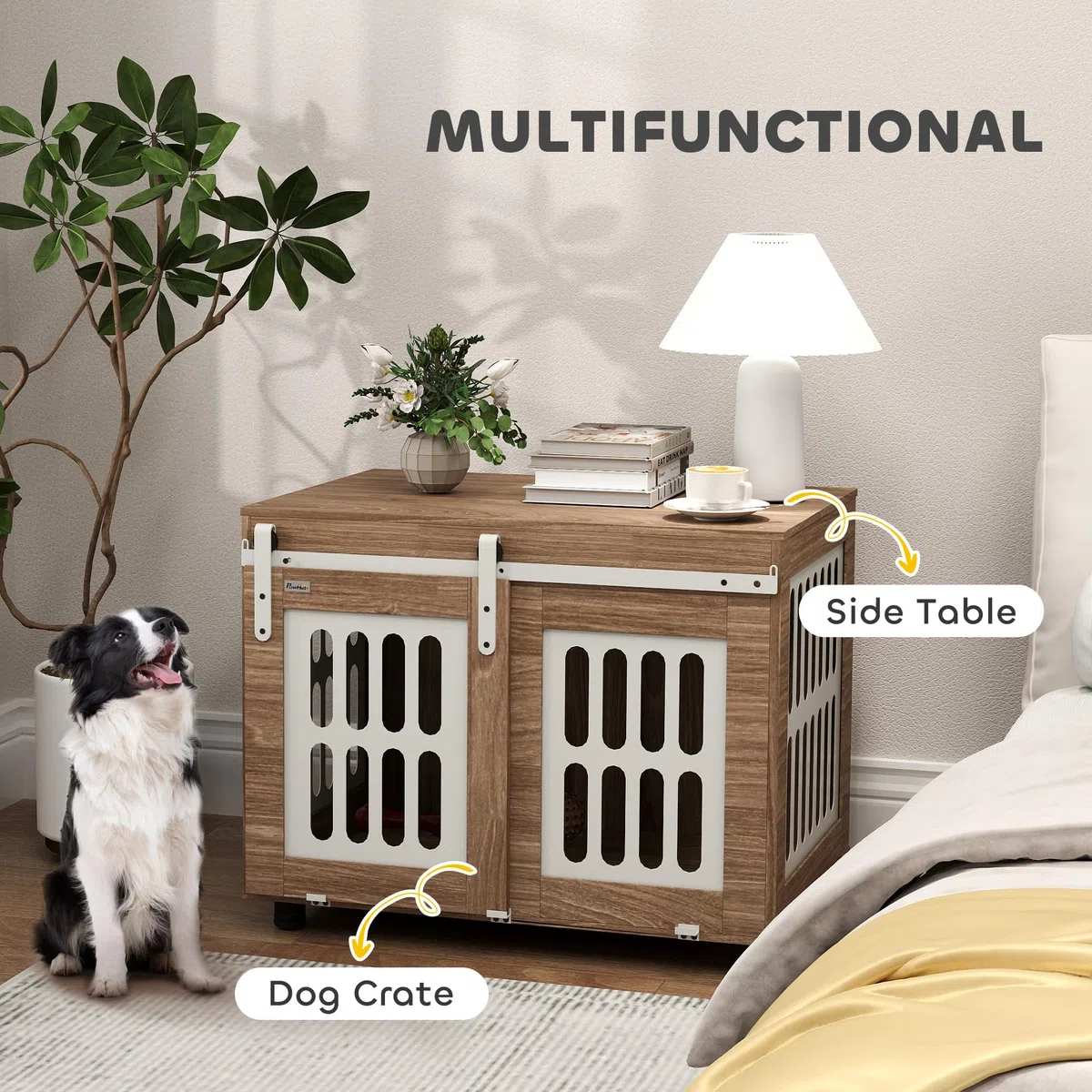 PawHut Jaula para Perros con Puerta corredera, caseta para Perros de tamaño Mediano, Buena ventilación, Mesa Lateral con Patas Ajustables, 80 x 59 x 63 cm, Nogal