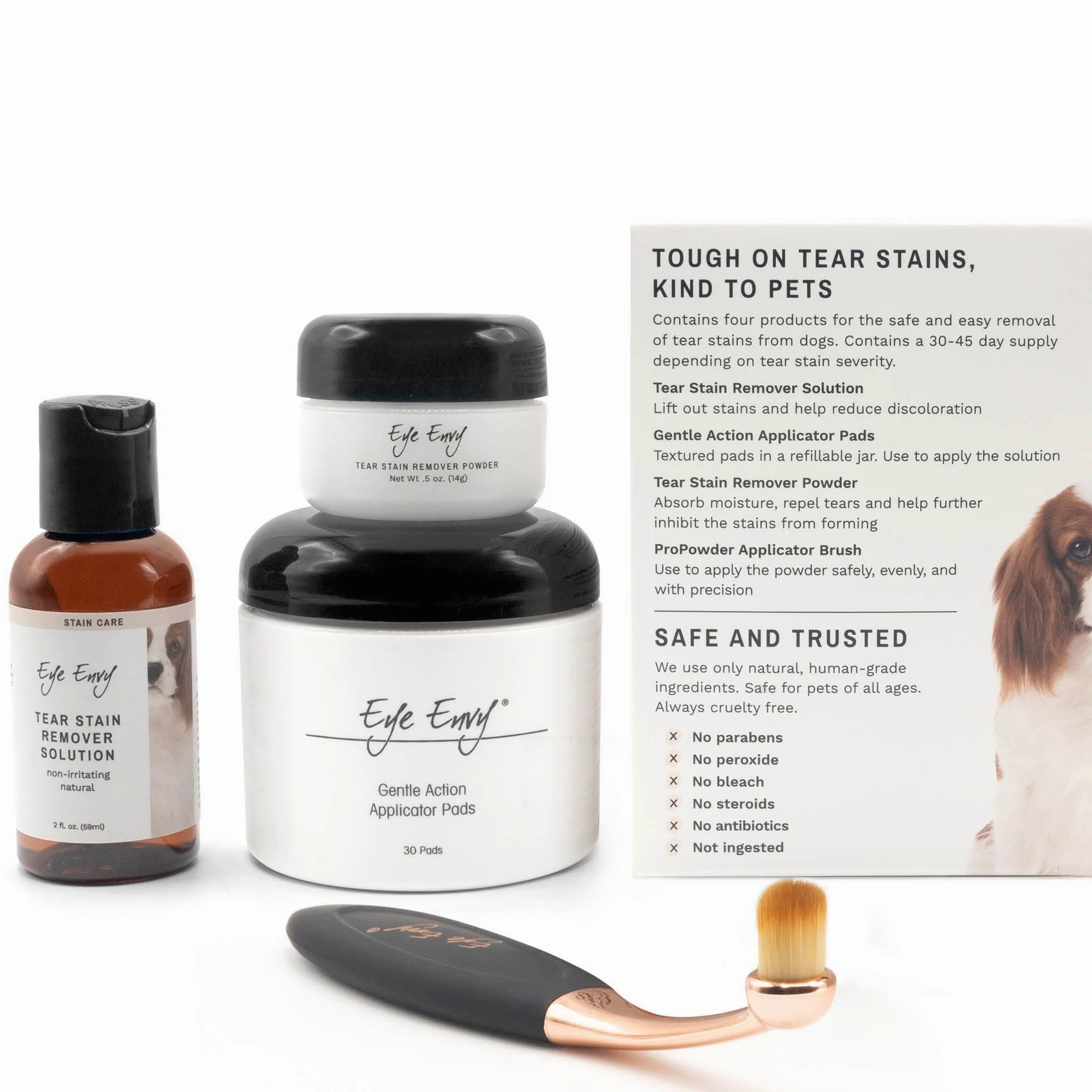 Eye Envy Kit quitamanchas de lágrimas de perrode inicio con cepillo ProPowder | solución antimanchas, almohadillas aplicadoras, polvo antimanchas y cepillo aplicador pequeño | Dura 30-45 días