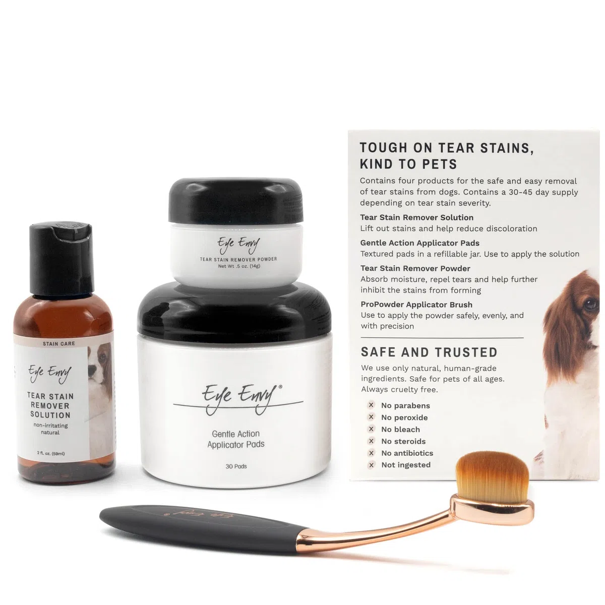 Eye Envy Kit quitamanchas de lágrimas de perrode inicio con cepillo ProPowder | solución antimanchas, almohadillas aplicadoras, polvo antimanchas y cepillo aplicador grande | Dura 30-45 días