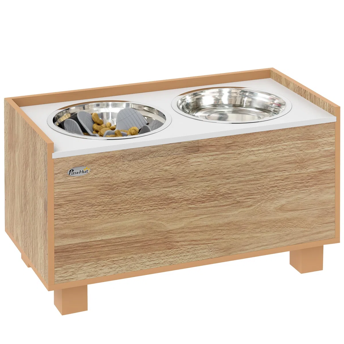 PawHut Comedero Perro Elevado con Alimentador Lento Extraíble y Espacio de Almacenaje Cuencos para Perros con 2x2 L Comedero y Bebedero de Acero Inoxidable para Perros Grandes Roble