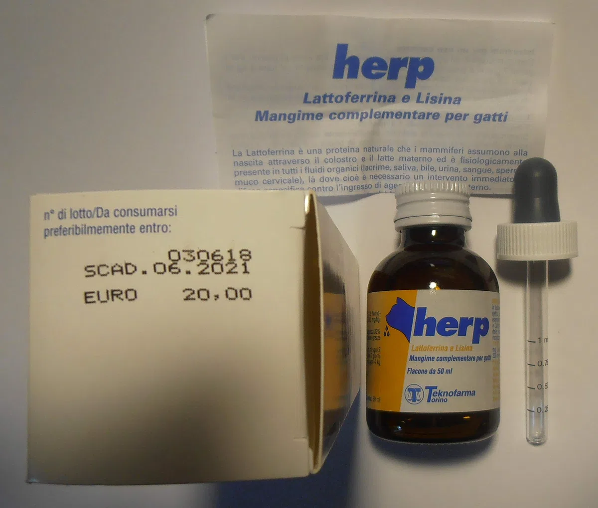 Alimento complementaria (Suplemento) para gatos a base de lattoferrina y lisina de gotas útil (caso de herpes Virus, copas Virus y otras infezioni – Herp gotas 50 ml – Cuentagotas Graduado y