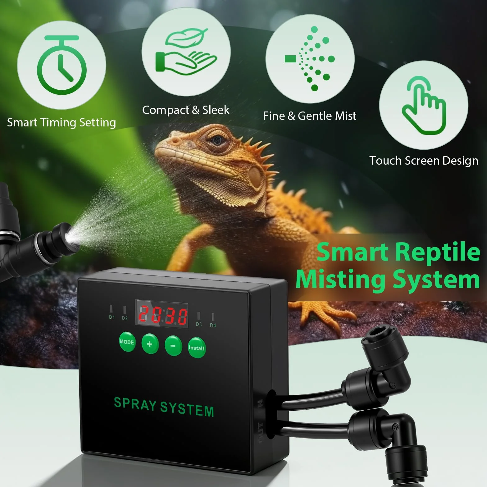 Sistema inteligente para reptiles, humidificador de reptiles, sistema de niebla para terrario con boquillas de pulverización de 360° y temporizador para flores/selva/reptiles/anfibios/plantas