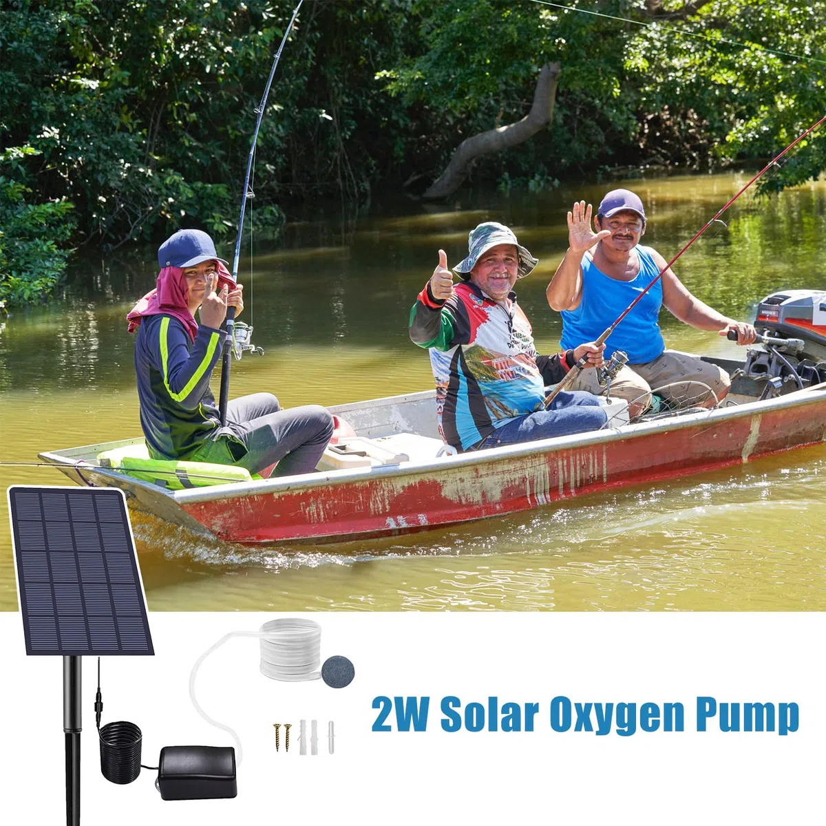 Andoer Solar Powered Pond Oxygenator Air Pump, Plug-in Solar Pond Aerator Aquarium Oxygen Aerator with Pipe Air Bubble Stones for Garden Fish Tank Outdoor Pool Pond