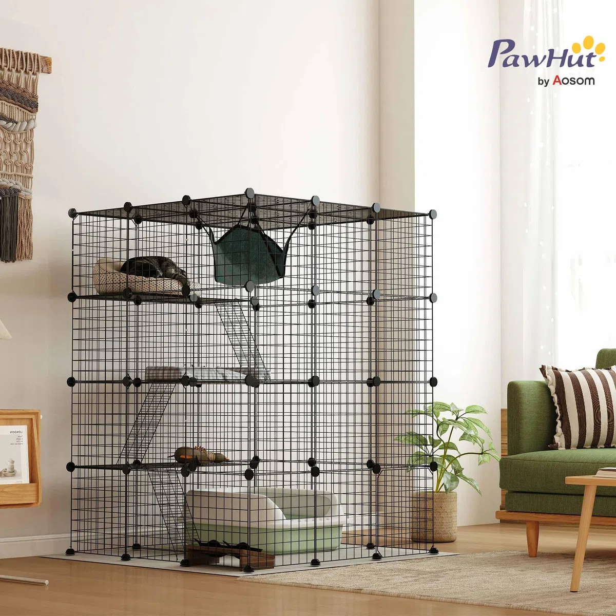 PawHut Jaula Grande para Gatos Interior de 4 Niveles con 5 Puertas, 3 Plataformas de Salto y 3 Rampas, Hamaca, Recinto y Parque para Mascotas, 105x105x140 cm, Negro
