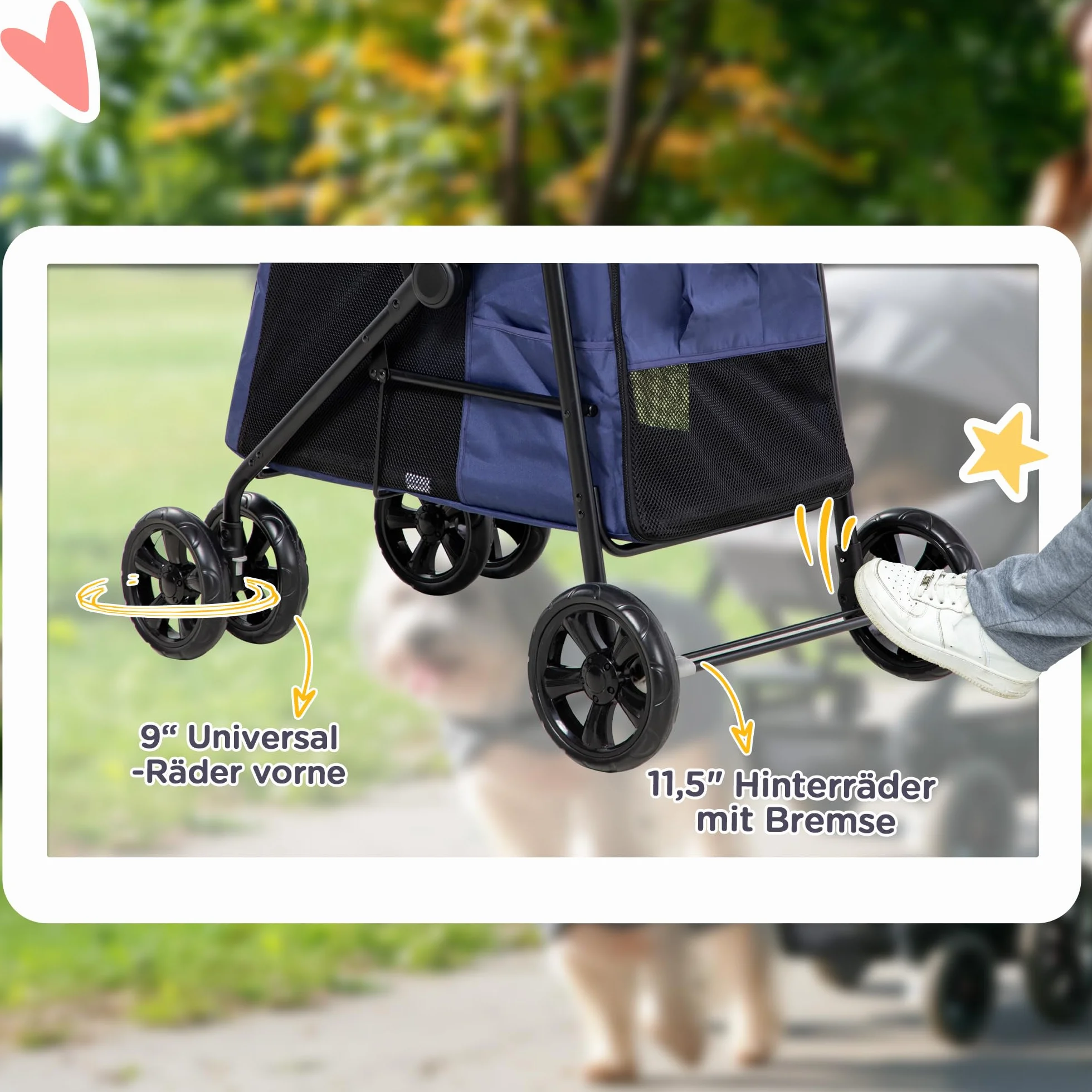 PawHut cochecito plegable para perros con cojín, carrito para gatos hasta 20 kg, para pequeños y medianos con bolsillos laterales, ventana de malla, tela Oxford, azul