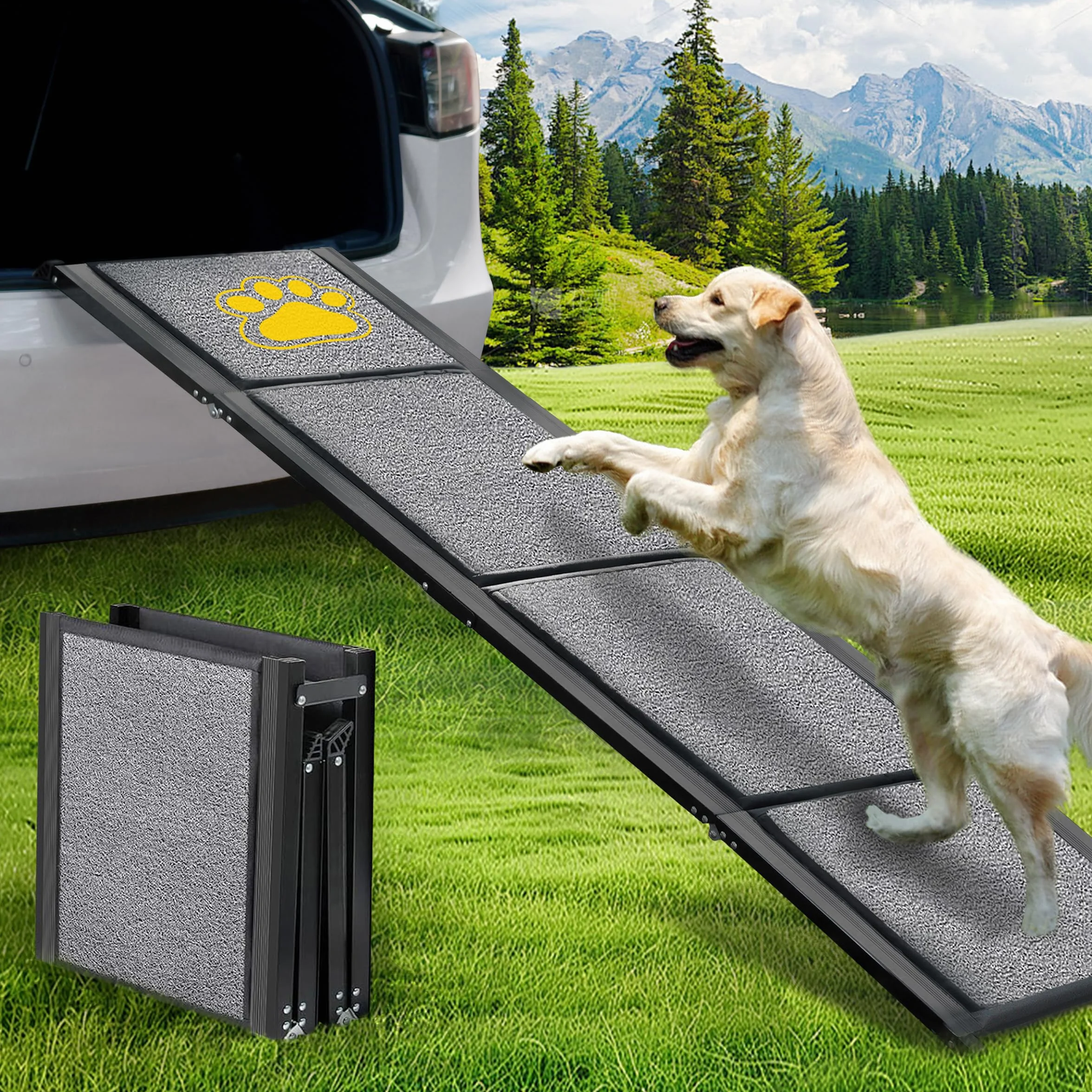 BACOENG 180cm Rampa para Perros Coche Plegable, Rampa para Perros portátil para Perros Grandes con Alfombra Antideslizante, Disponible para camión, Coche, SUV, Soporta hasta 110 KG