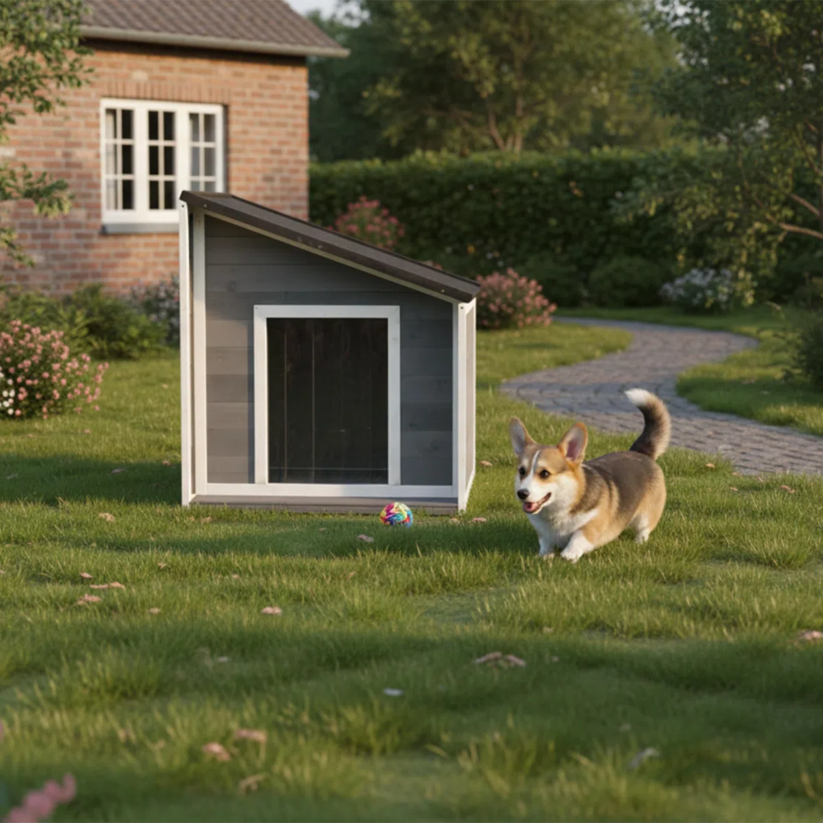 Caseta para Perros Relaxdays, Madera, Impermeable, Techo abatible, HBT: 77 x 71 x 58 cm, Gris/Blanco