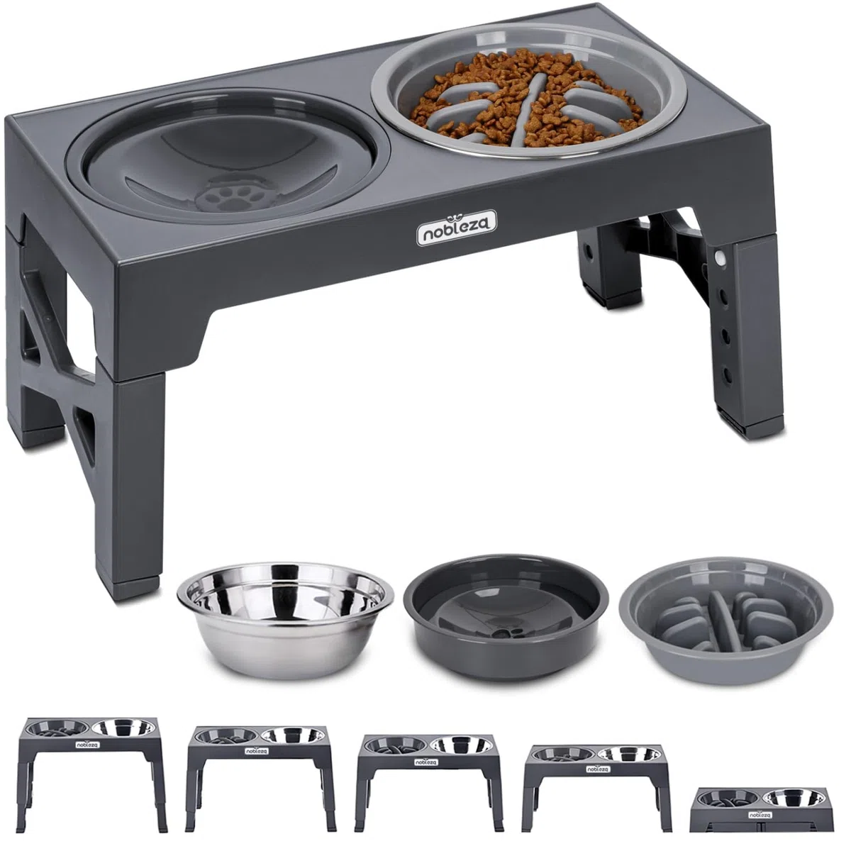 Nobleza Comedero Perro Elevado 5 Alturas Ajustables (7,5-31 cm), Incluye Cuenco Acero Inoxidable 1100ml, Comedero Perro Antivoracidad y Bebedero Antisalpicaduras 800ml, Antideslizante, Gris