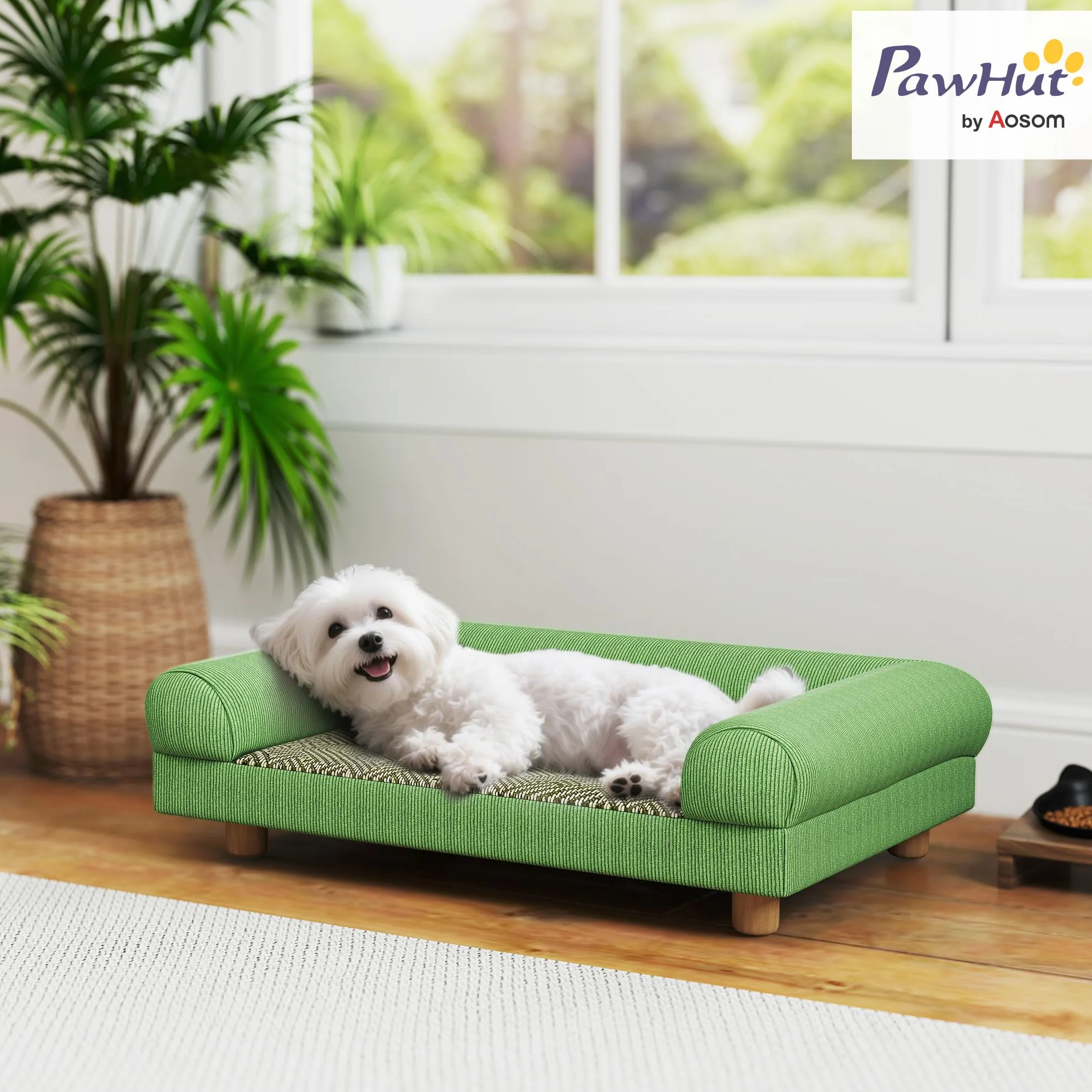 PawHut Sofá para perros gato cama elevada para perros con asiento de alfombra fresca, apoyabrazos y pies, en terciopelo suave, para mascotas de hasta 5 kg, 63 x 41 x 17 cm, verde