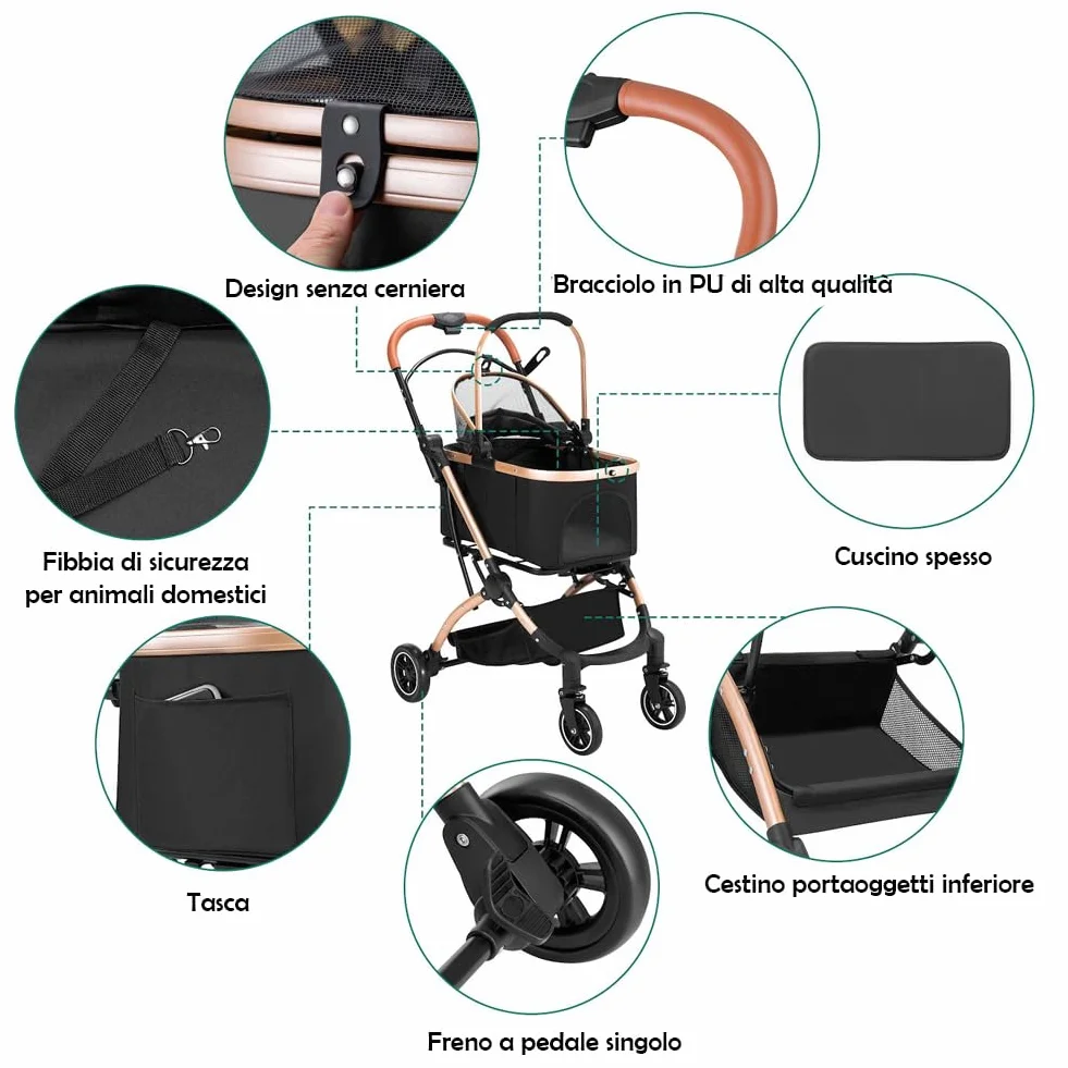 BAKAJI Cochecito para perros y gatos 2 en 1 con capazo extraíble y cierre ahorra espacio, cochecito para mascotas con cápsula transportín extraíble y techo abatible, peso máx. 50 kg (negro)