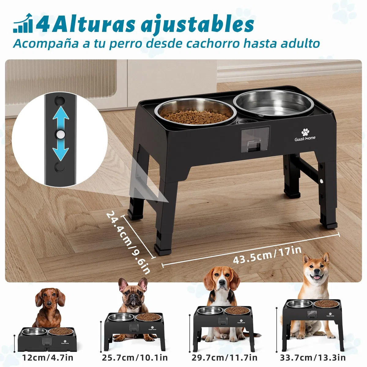 GUUSII HOME Comedero Perro Elevado Grande Cuenco Alto Perro Soporte Comederos y Bebedero para Perros Grandes Elevador Bol Altura Ajustable 43.5 * 24.4 * 12/25.7/29.7/33.7cm 2000ml Elevated Dog Bowl