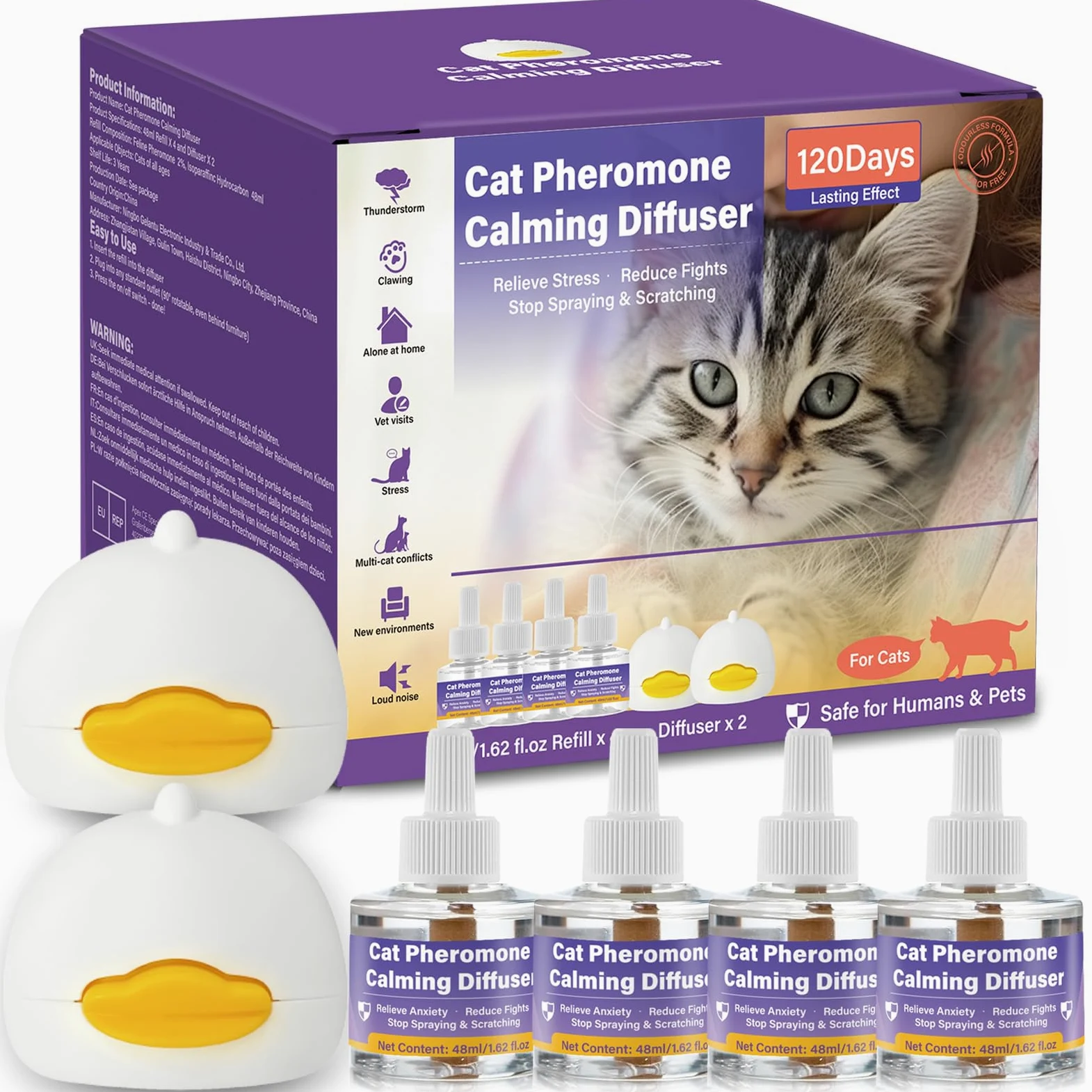 SLE Difusor de Feromonas Calmantes para Gatos Mejorado 4 Recambios Livia la Ansiedad y el Estrés, Multigato Natural Calmante para Gatitos para Hogar Estrés Dormir Peleara Arañazos Maullar