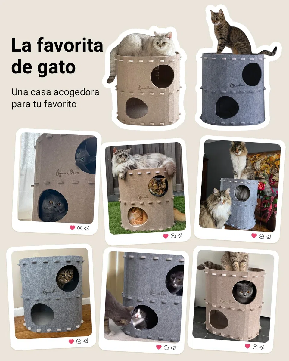 DownyPaws Cama para Gatos de Felpa, 2 Pisos Casa Gato 50x33x50 cm, Castillo de Juego, Diseño Acogedor, Protector de Uñas, Beige