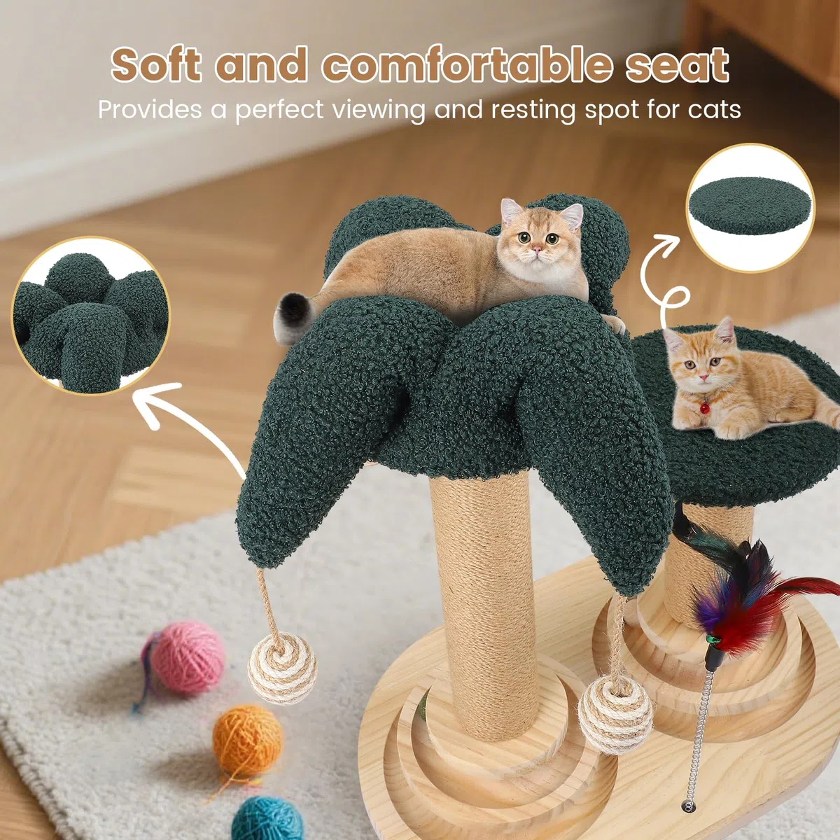 Juego de Juguetes interactivos 6 en 1 para Gatos con Pelota giratoria, Plumas, sisal y Yute Poste rascador, Tabla rascadora y Juguete, Mueble rascador, Juguete de Madera para Gatos con Plumas