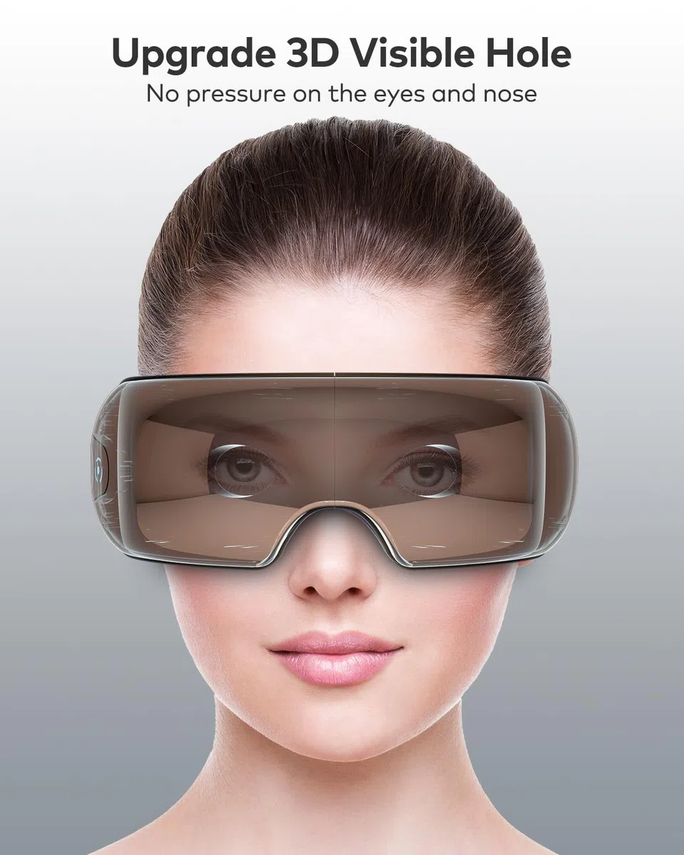 llano Masajeador de Ojos con Calor, Masaje Vibratorio, Bluetooth Integrado, 4 modos, Pantalla Translúcida, Diseño Ergonómico en 3D y Plegable (Glossy Brown)