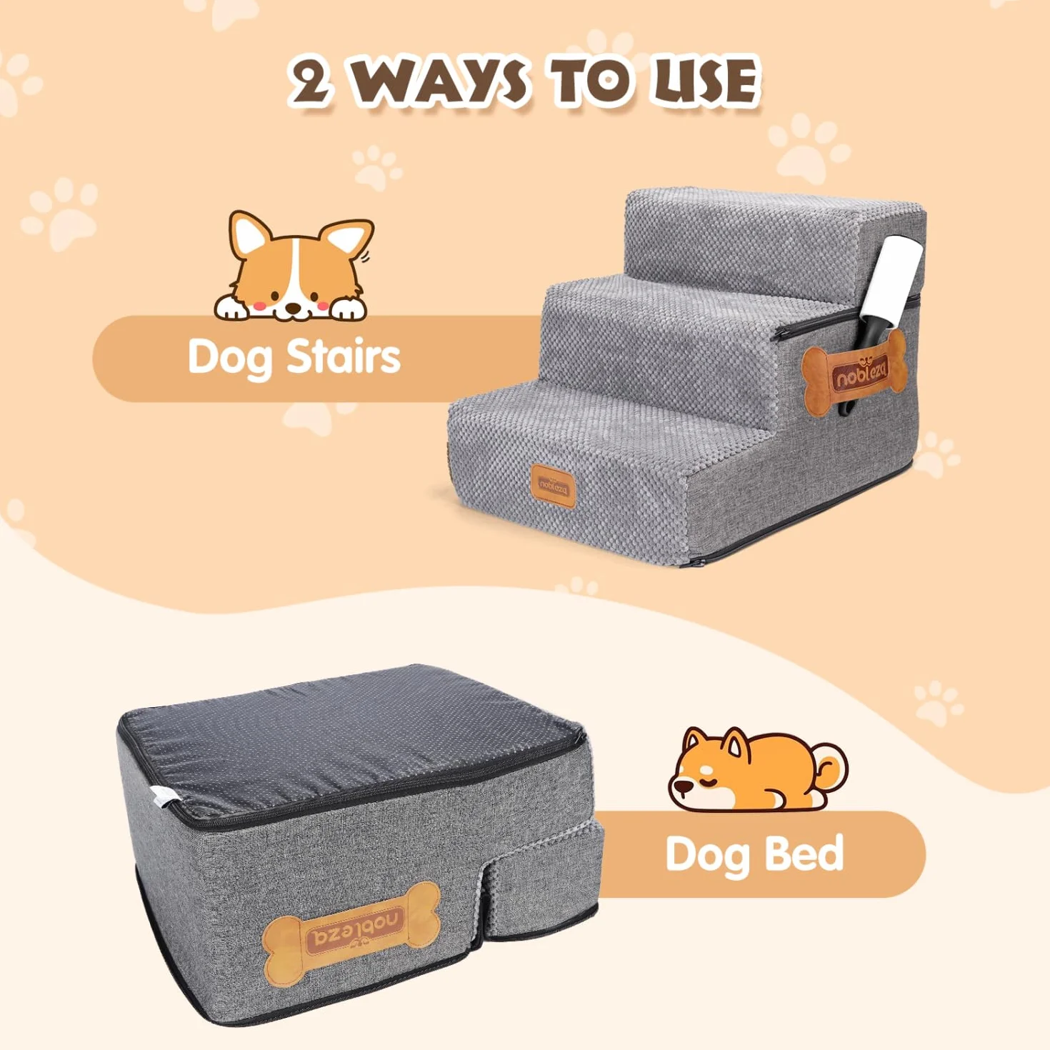 Nobleza Escalera para Perros, Rampa para Perros, Escalera para Cama de Perros Pequeños para Perros y Gatos, Escaleras para Perros Mascotas de 3 Escalones con Rodillo Quitapelusas
