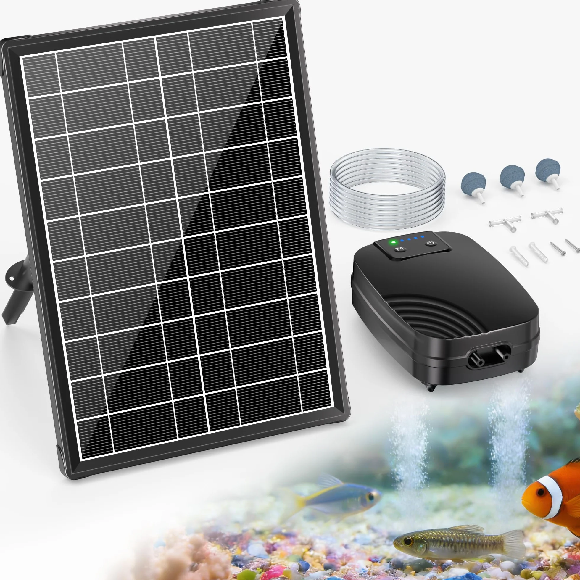 POPOSOAP Aireador solar de 8 W, bomba de oxígeno solar para estanque con batería solar de doble fuente de alimentación, ventilación continua de 24 horas, 3 modos de funcionamiento para estanques