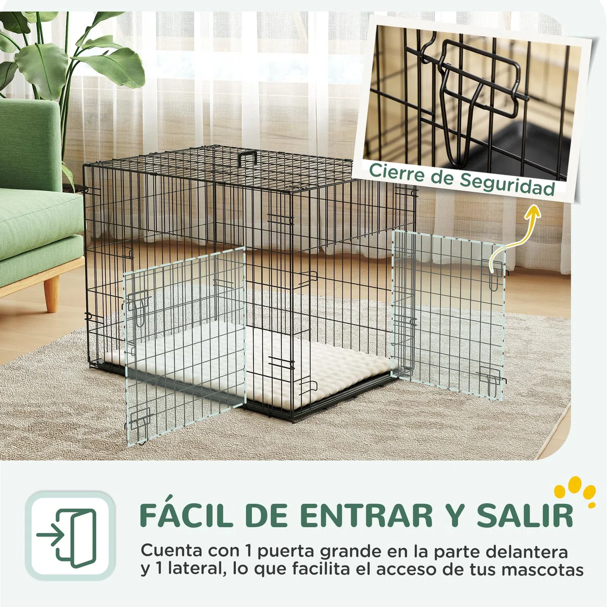 PawHut Jaula para Perros Plegable, Jaula para Perros Pequeños con Cojín, 2 Puertas, Bandeja Extraíble y Marco de Alambre Metálico, 75x48,5x53 cm, Negro y Beige