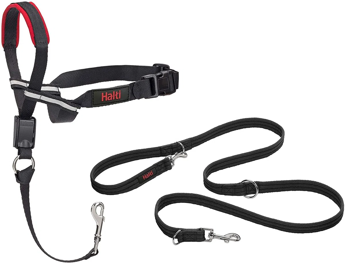 Halti Optifit - Paquete combinado de collar y correa de entrenamiento, evita que el perro tire en paseos con Halti, incluye collar de cabeza Optifit mediano y correa de doble extremo, negro, collar de
