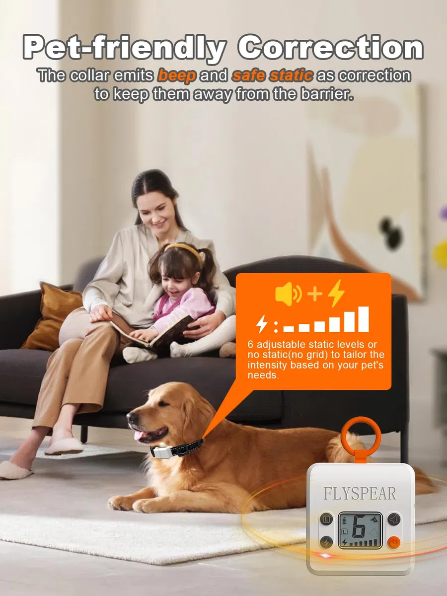 FLYSPEAR Barrera inalámbrica para mascotas, barrera recargable para interiores con 6 radios de rango ajustables de hasta 7 pies, 6 intensidades estáticas seguras ajustables, sistema de valla eléctrica