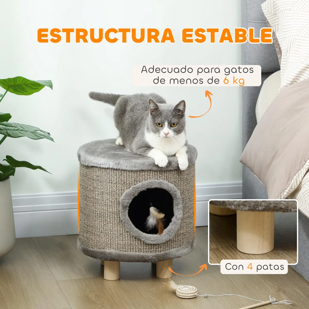 PawHut Casa para Gatos 3 en 1 Taburete, Reposapiés, Cama para Gatos con Rascador, Patas de Madera y Pluma Colgante, Cueva para Interior, 36x36x38 cm, Gris