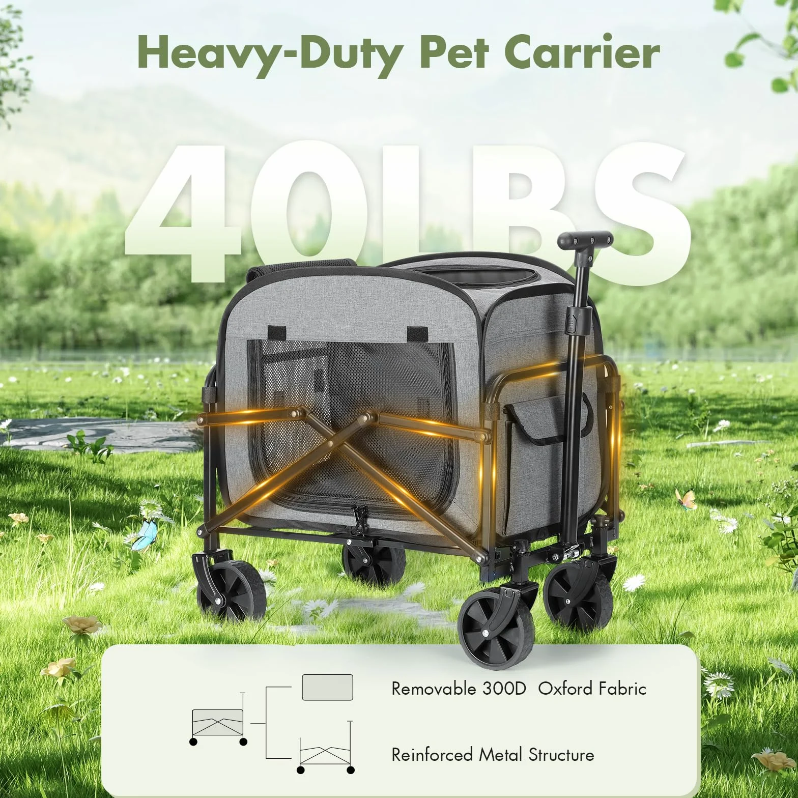 Transportador de perros con ruedas, carrito grande para perros y gatos, 18 kg, carro para mascotas con ruedas grandes todo terreno (gris)